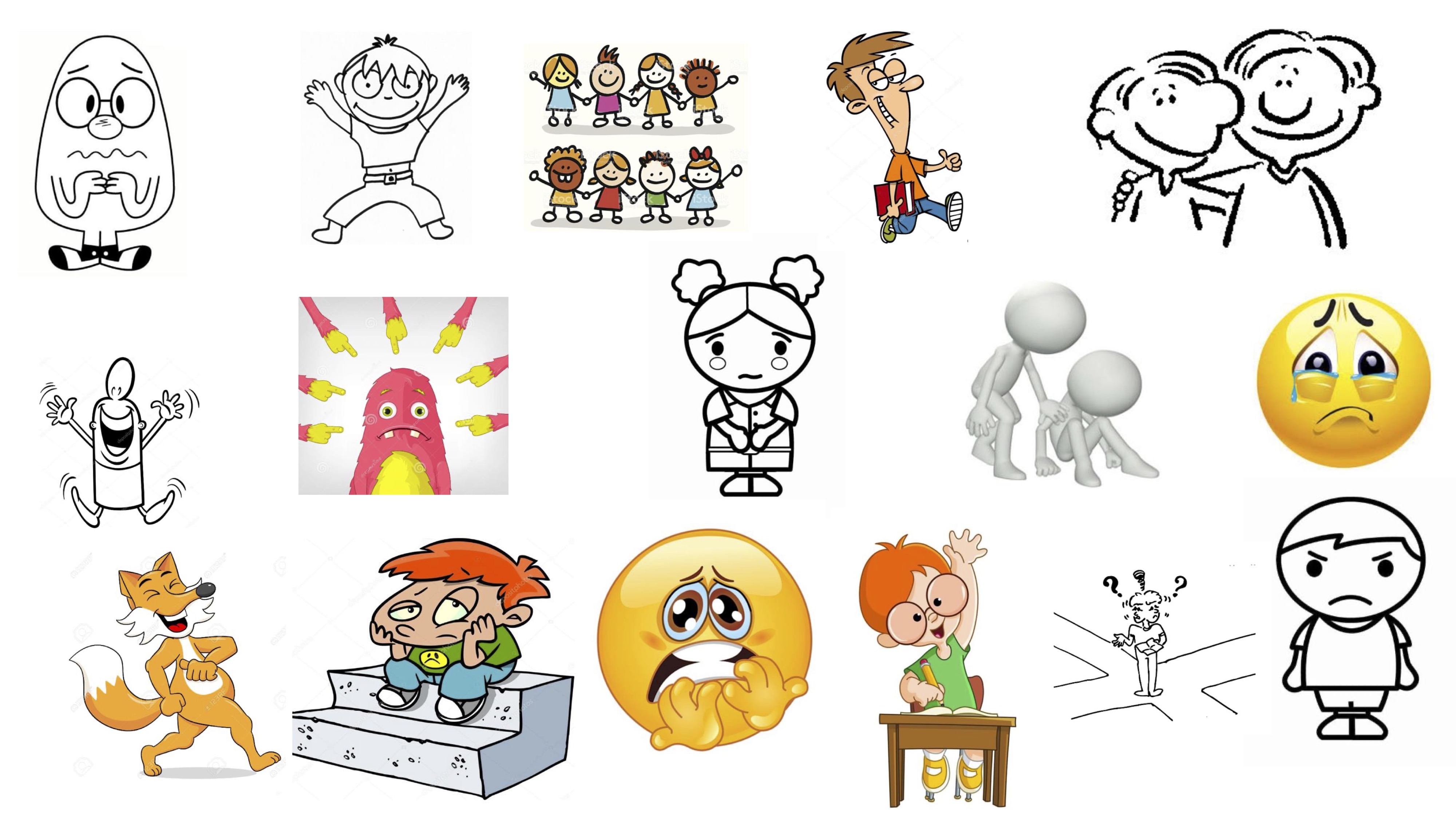 Ensemble des images proposées aux élèves pour exprimer leurs ressentis lors des ateliers philosophiques. De gauche à droite et de haut en bas : nerveux·euse, content·e, intégré·e, confiant·e, proche des copains et copines, excité·e, honte, timide, compatissant·e, triste, satisfait·e, ennui, effrayé·e, intéressé·e, perdu·e, fâché·e